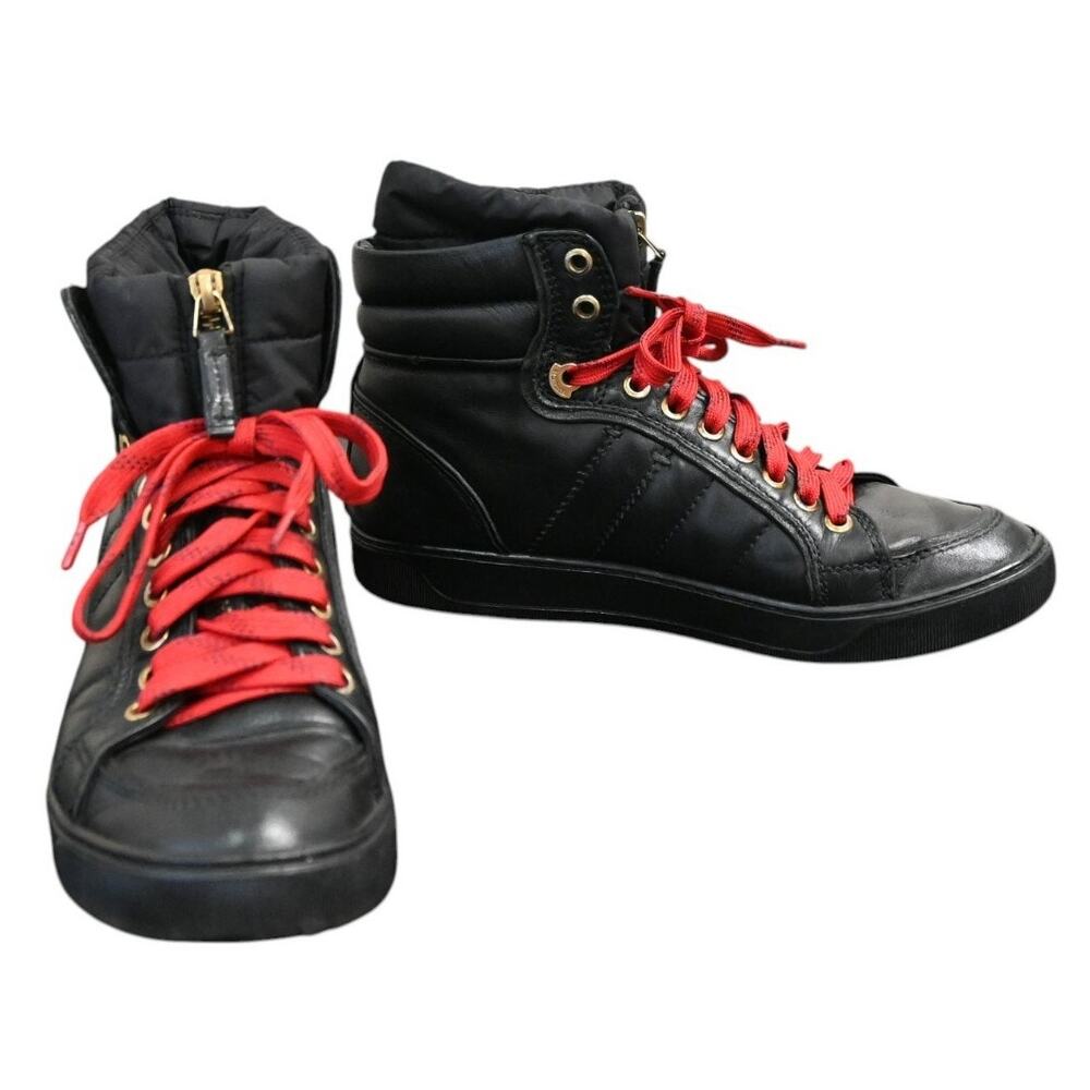 Moncler Black Leather High Top Red Contrast Laces Zip Sneakers Size 37